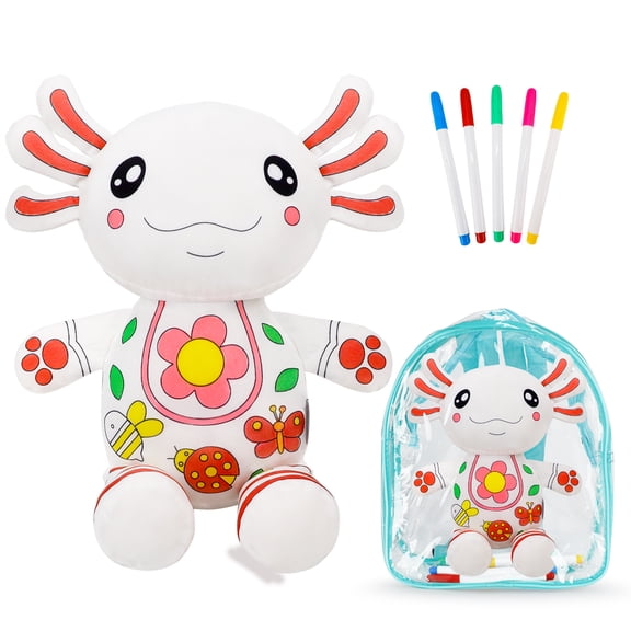Blublu Park Coloring Plush Toy, Axolotl Stuffed Animal with 5 Washable Markers, DIY Craft Activity for Kids