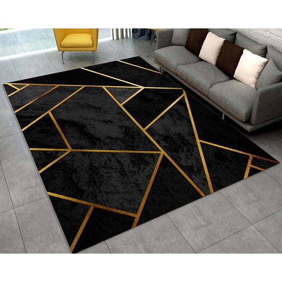 Black Based Gold Striped Area Rug Abstract Minimalist Washable Rugs Non-Slip Ultra Soft Rug Print Carpet for Office Bedroom Living Room Area Rug Home Decor 2x3ft