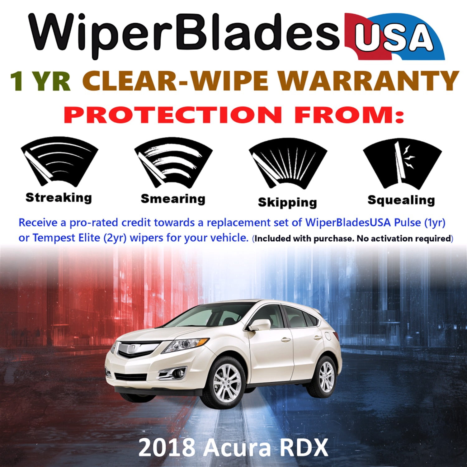 2018 Acura RDX Beam Wiper Blades Wipers w/1yr Warranty (Set of 3) w/Rear Wiper (WiperBladesUSA)