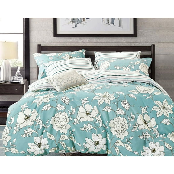 Swanson Beddings Blue Floral 3-Piece 100% Cotton Bedding Set: Duvet Cover and Two Pillow Shams (Queen)