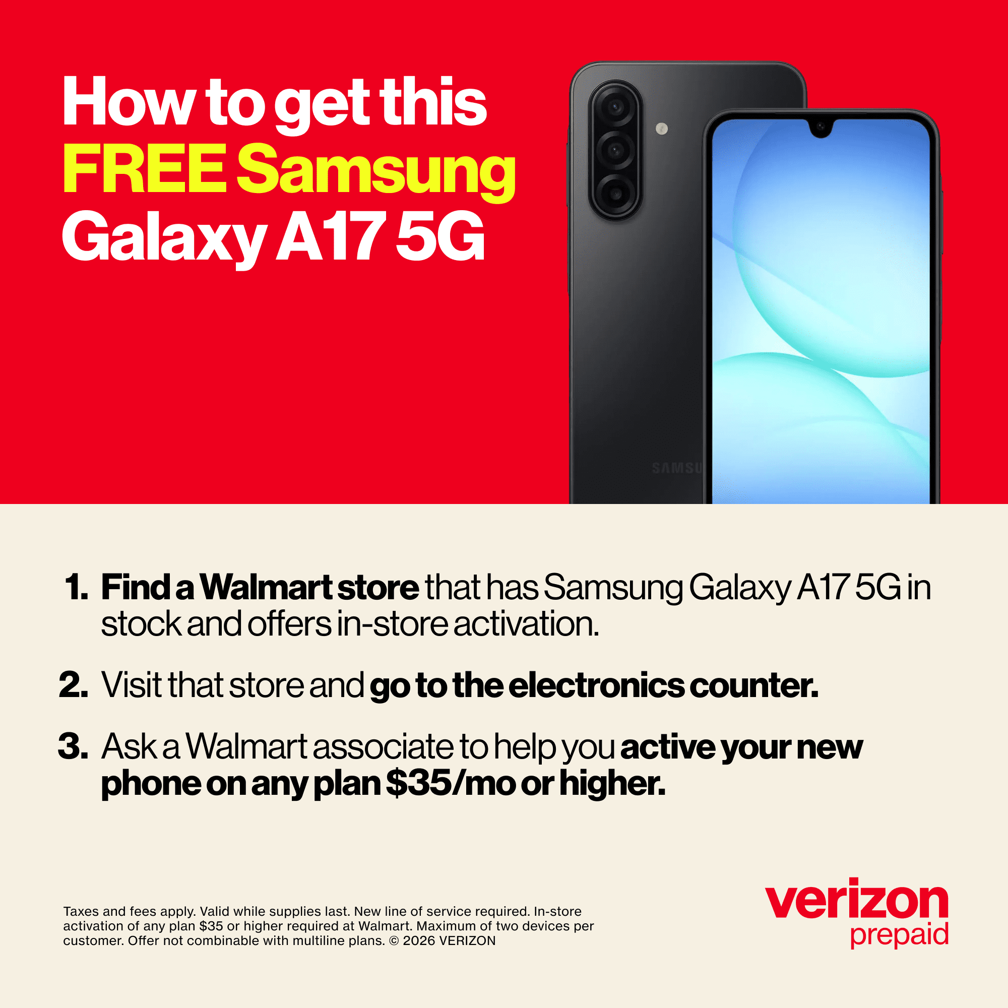 Verizon Prepaid Samsung Galaxy A17, 5G, 128GB, Black - Prepaid Smartphone [Locked to Verizon Prepaid]