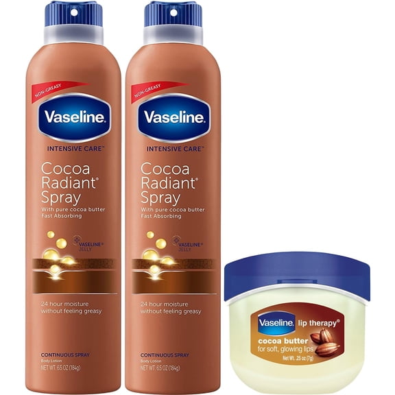 Vaseline Cocoa Radiant Lotion Set Mini Vaseline Lip Therapy, Cocoa Butter Lotion Spray Moisturizer, Vaseline Intensive Care Lotion, Vaseline Lip Balm (3 Piece Set)