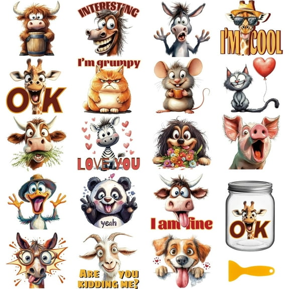 1set 18 Sheets Funny Animals Transfer Stickers 3.9x3.6inch Stupid Animals Decals Stickers Sarcasm Rub on Transfer for Furniture Vase Glass Mason Jar Decorations Art Crafts Gold