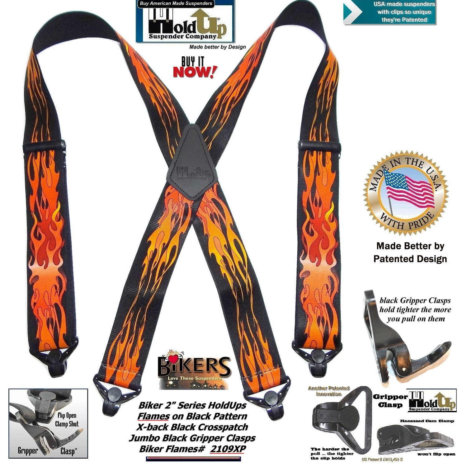 Holdup Suspender Holdup Brand Flame Pattern Heavy Duty Biker Xback