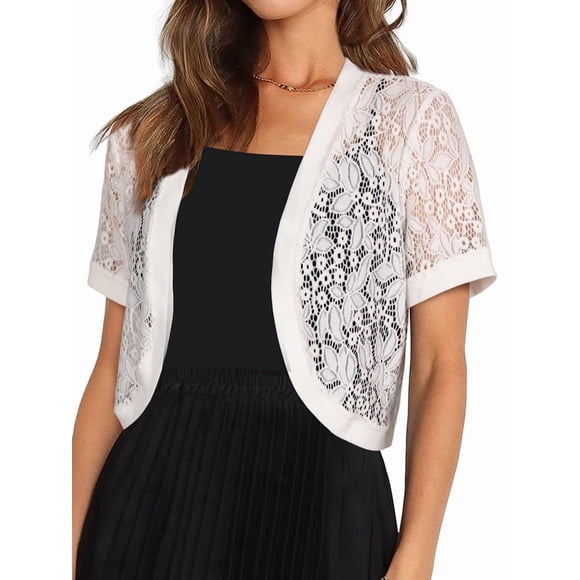 Womens Short Sleeve Shrug Open Front Floral Lace Summer Sheer Cropped Cardigan White S