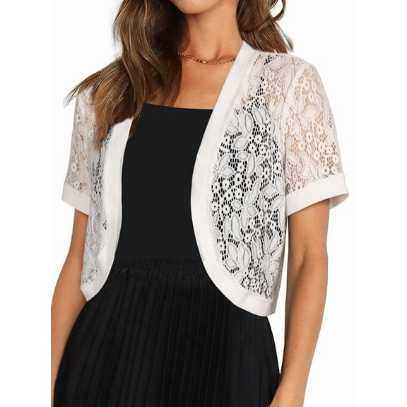 Womens Short Sleeve Shrug Open Front Floral Lace Summer Sheer Cropped Cardigan White S