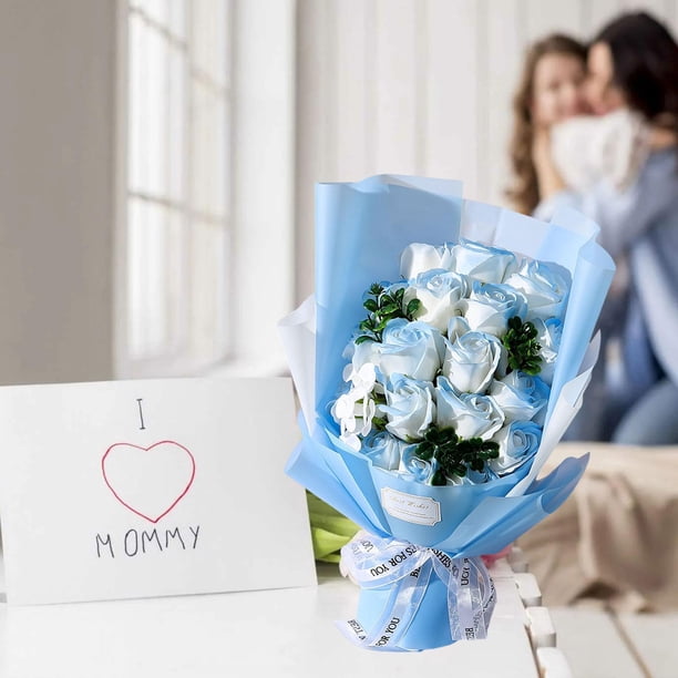 Festival de pétalos de flores de jabón de rosa artificial FESTIVO FORES FUERAS Preservado Floral Bouquet para el aniversario del Día de Valentín Azul