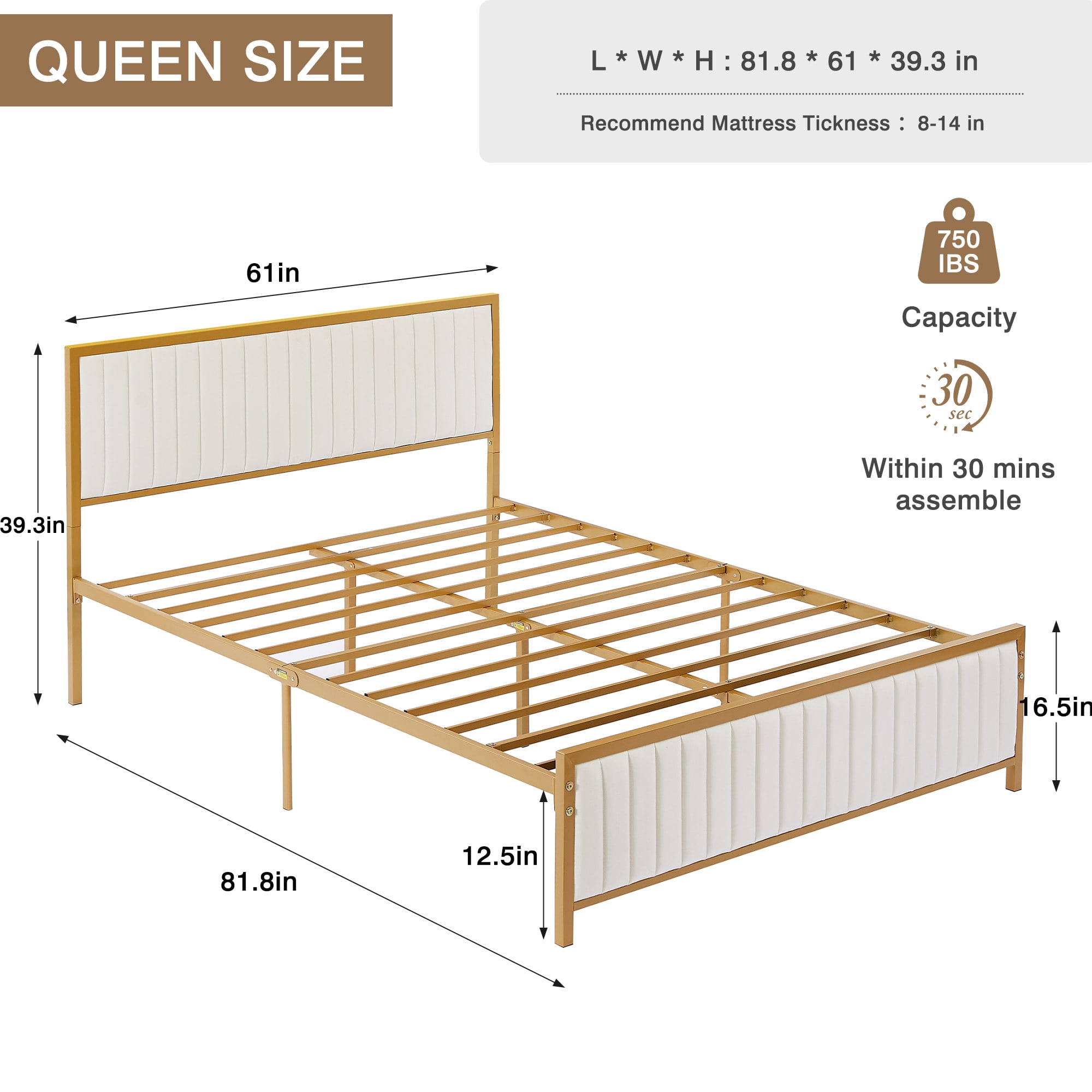 VECELO Queen Size Metal Platform Bed Frame, Modern Upholstered Bed Frame with Velvet Tufted Headboard and Footboard, No Box Spring Needed, Gold & Beige