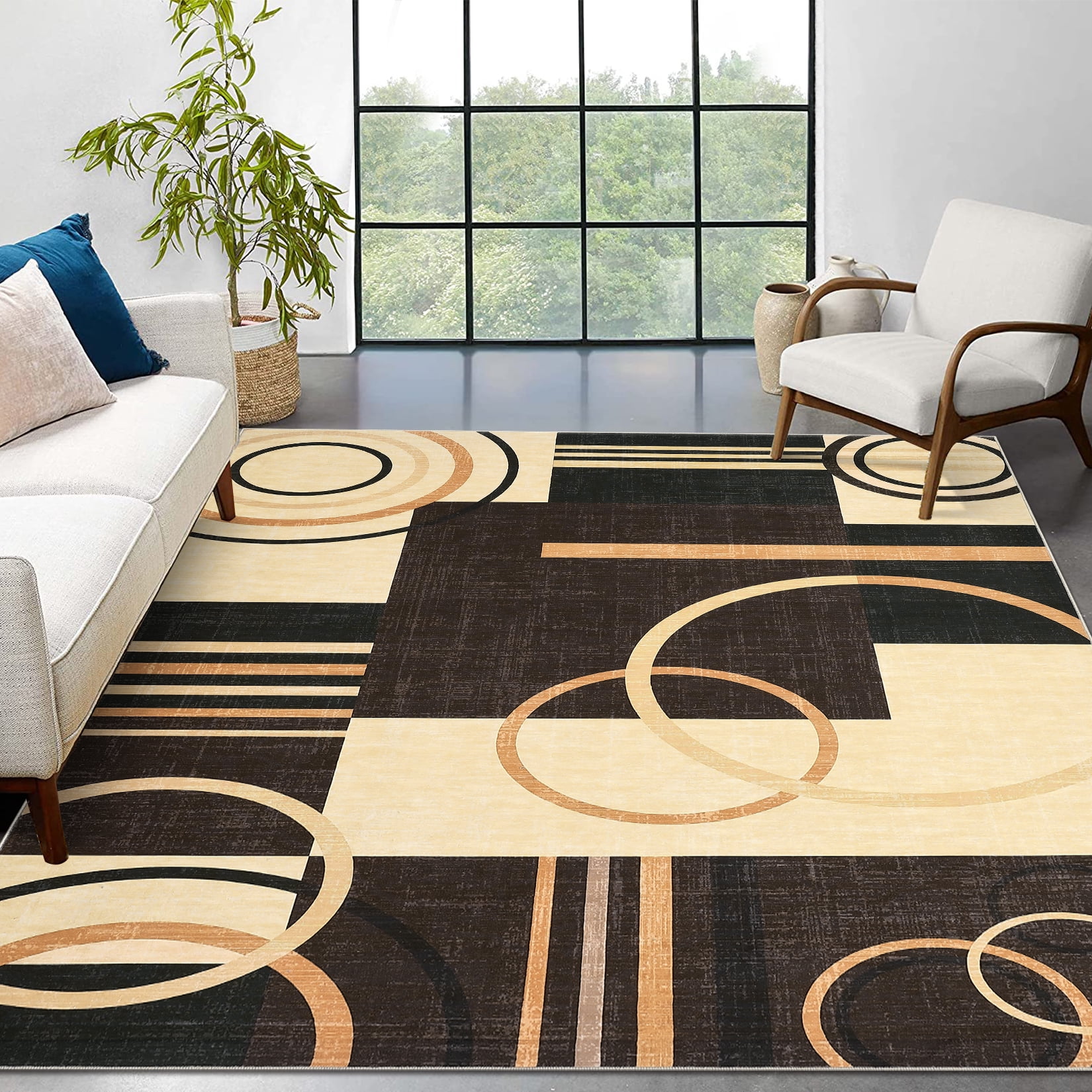 Garvee Modern Geometric Area Rugs 9'x12' Living Room Rugs, Abstract Washable Rug Non-Slip Soft Indoor Throw Carpet Stain Resistant Rug for Dining Room Bedroom, Brown