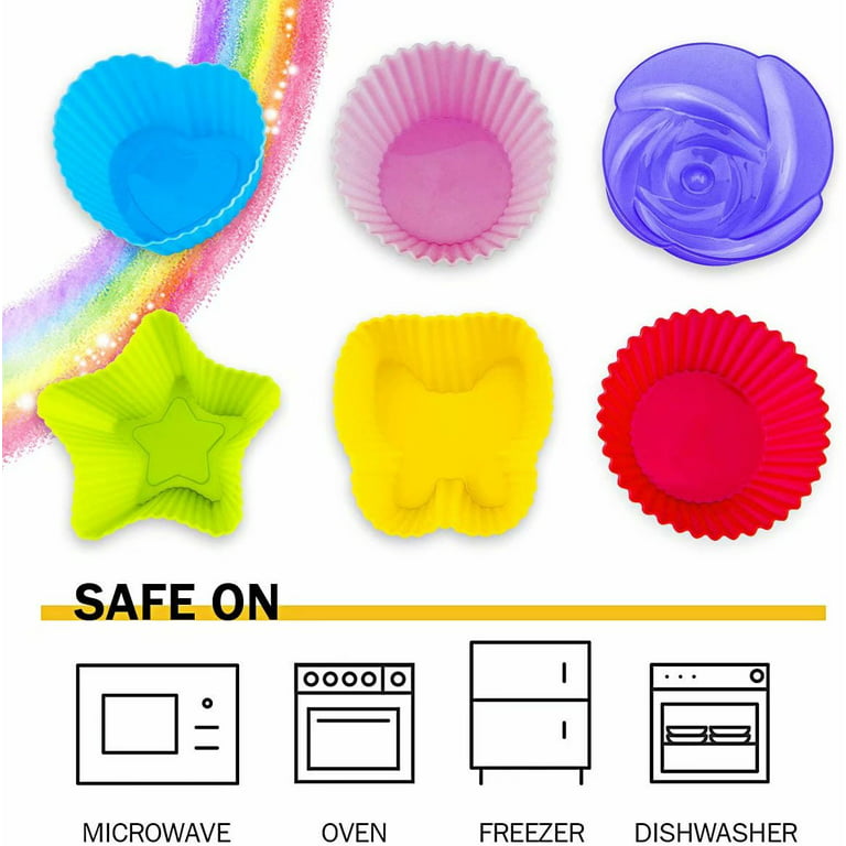 24 Packs Silicone Cupcake Mold, Resuable Non-Stick Silicone Baking Molds  for Making Cups Cake/Jelly/Egg/Chocolate/Pudding and More-Random 4 shapes  Round,Star,Heart,Rose,Square,Rectangle(Random Colors） 