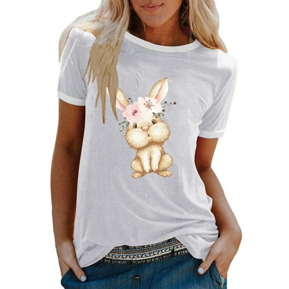 JeashCHAT Easter Shirts for Women Bunny Rabbit Egg Print Women Summer Sexy Happy Easter Print Regular Women Round Neck Short Sleeves Top