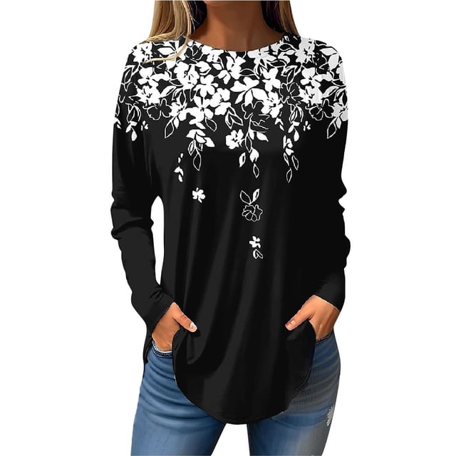T-Shirt à Manches Longues Floral pour Femmes Col Rond Blouse Tunique Hippie Élégante Mode Automne Chandail en Molleton
