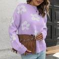 thumbnail image 6 of Ound-Neck Sweaters For Women Trendy Loose Flowers Long Sleeve Turtleneck Pullover Lantern Knit Sweater Tops Purple S, 6 of 7