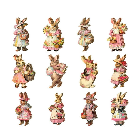 Binwennn 12 Pcs de Décorations Rétro de Pâques en Bois Lapin Creux en Bois Ferme Rurale Décorations de Pâques pour la Maison Adaptées à la Décoration d'Arbre Fête de Famille Décorations de Noël en Bois Vache Oscillante