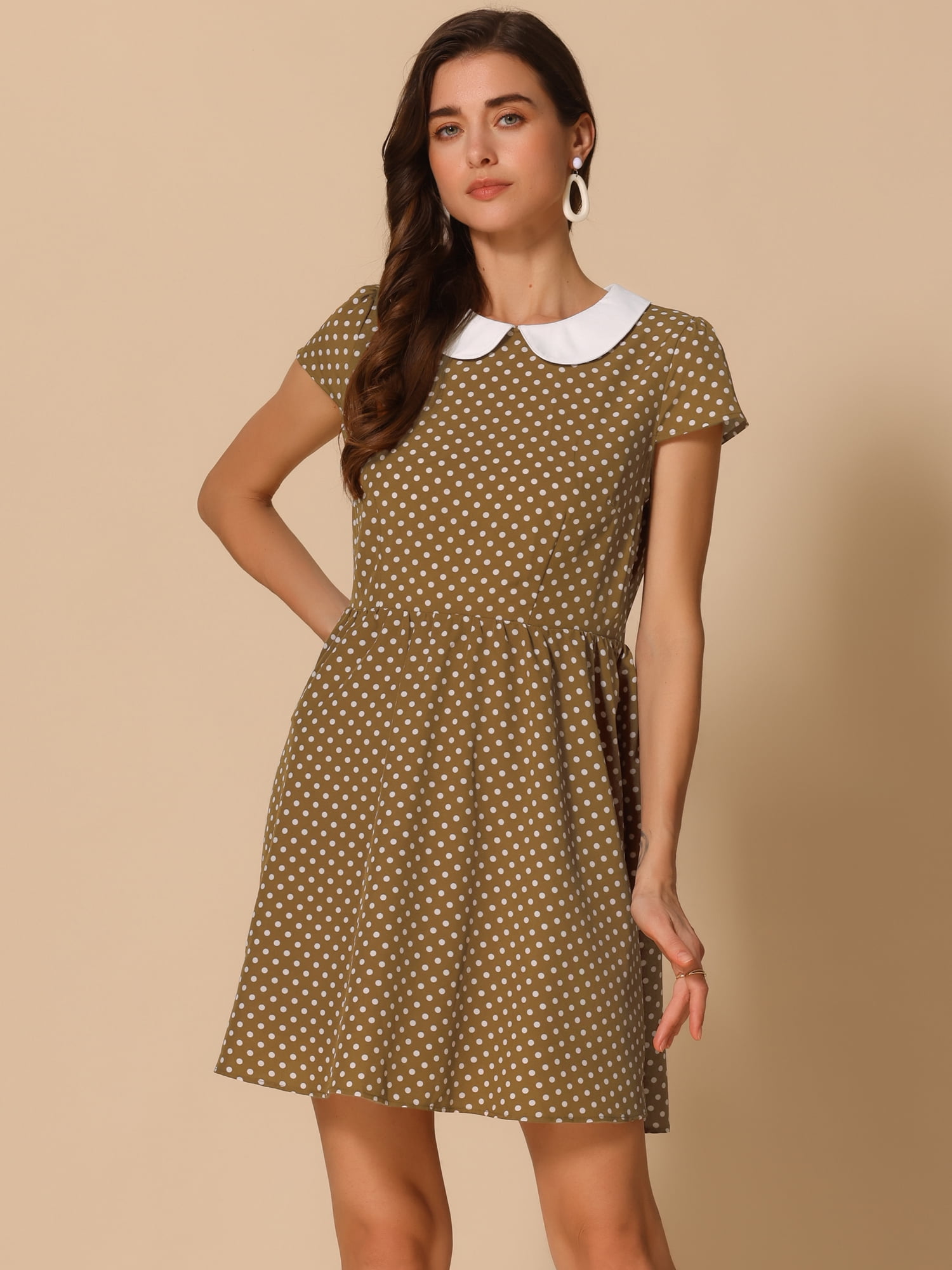 DARING DIVA Women's Collar Short Sleeves Contrast A-Line Polka Dots Dress S Brown