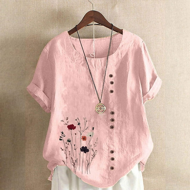 Lydiaunistar Womens Plus Size Spring Tops Casual Round Neck Short Sleeve Printed Button Blouse T-Shirt Lightweight Comfy Summer Fall Fashion Pink