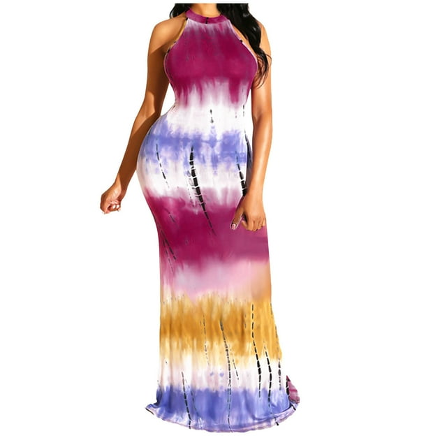 Vestido largo con botones y cuello halter para mujer, sin mangas, sexy, a la moda, con estampado de tinte anudado Pompotops ghjkhdj4478