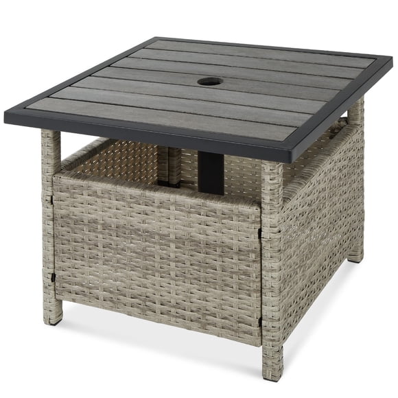 Best Choice Products Wicker Side Table With Umbrella Hole, Square Pe Rattan Outdoor End Table For Patio, Garden, Poolside, Deck W/Uv-Resistant Frame, Storage Space - Gray