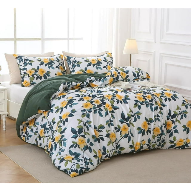 Duvet Cover Queen Size Reversible Floral Duvet Cover Set with Zipper Closure Pieces Botanical Patterns Soft Microfiber Bedding Set (&#;x Pillow Cases &#;×&#