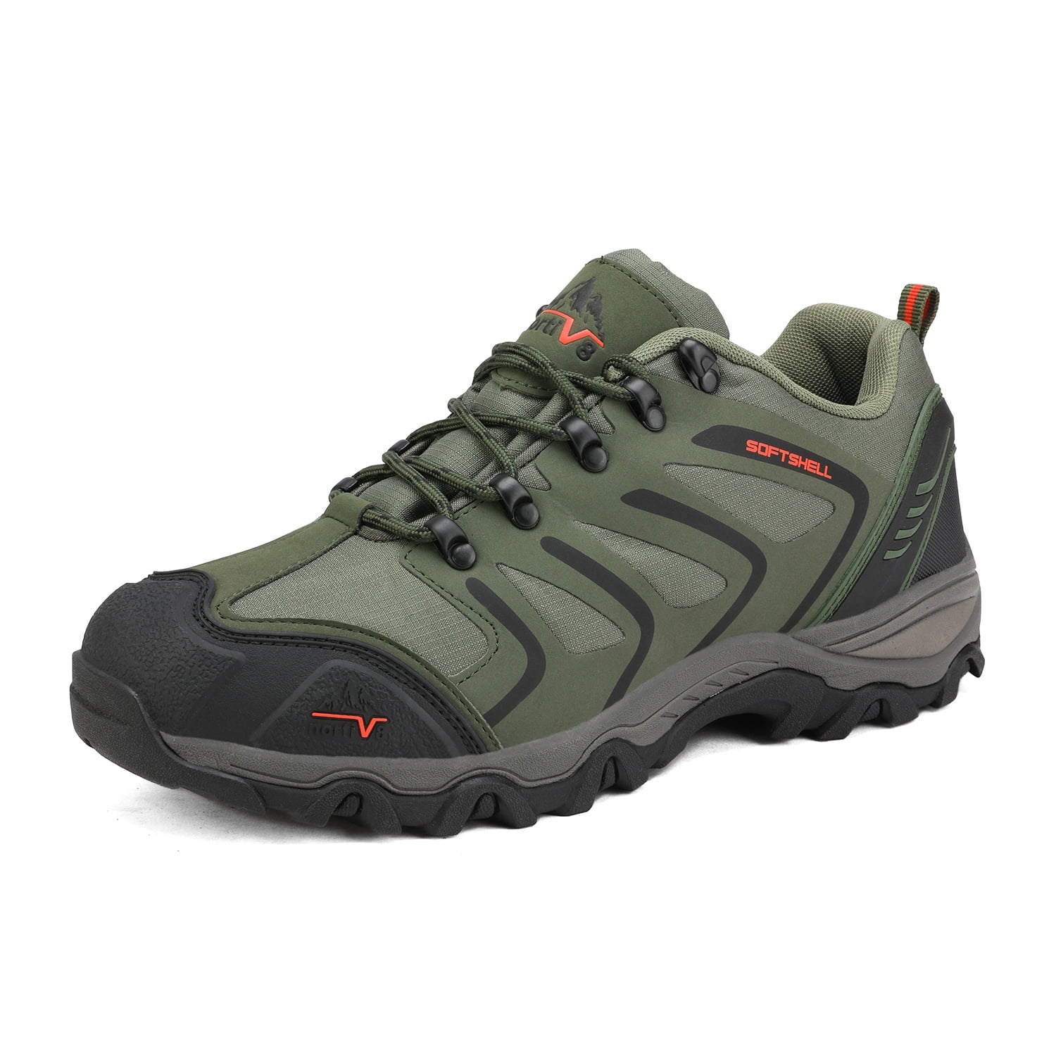 orange, black and green low cut hiking boots