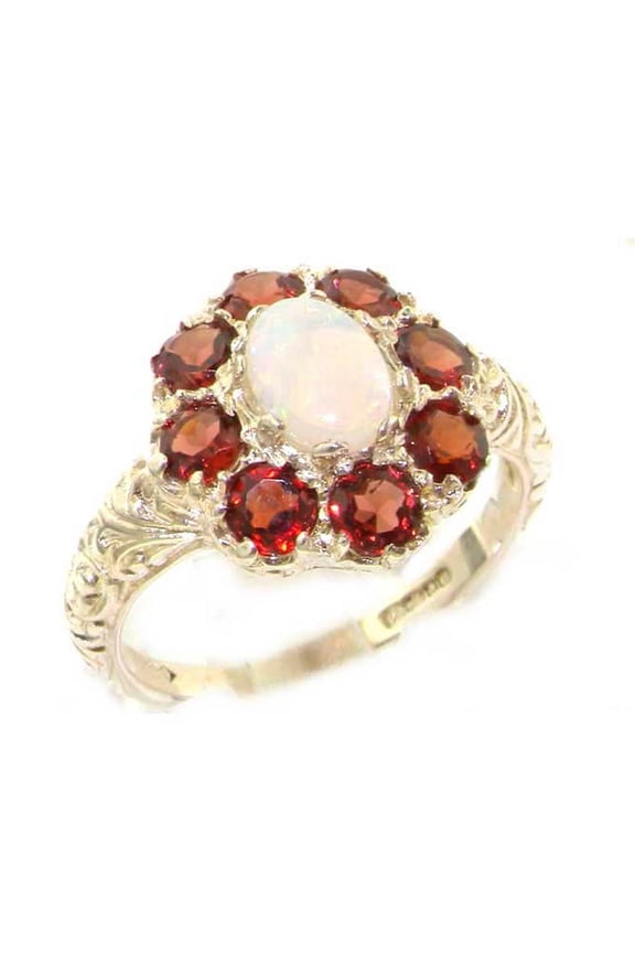 LBG British Made 925 Sterling Silver Natural Opal & Garnet Womens Statement Ring - 33 size options - Size 8.75