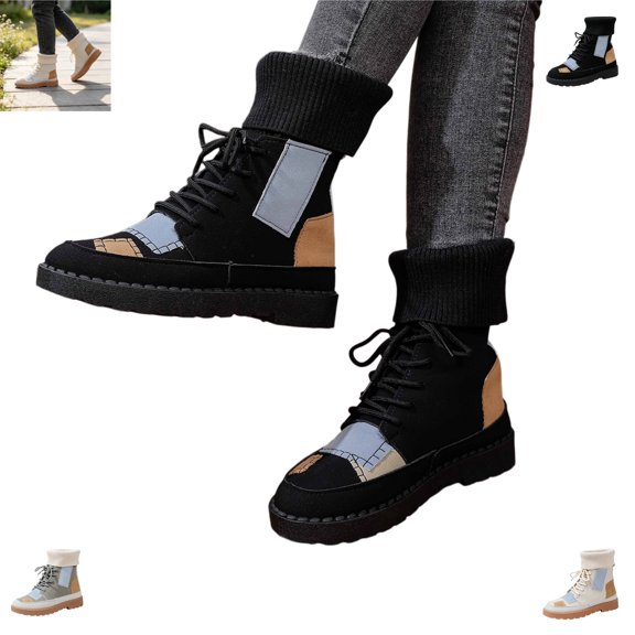 YOUYEDIAN Boots for Women Fall Winter Versatile Patchwork Design Fashion Strap Platform Round Toe Ankle Booties Casual Warm Comfy Flat Walking Shoes