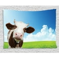thumbnail image 1 of Cattle Tapestry, Cute Brown and White Cow Staring from the Landscape of Wide Green Field and Open Sky, Wall Hanging for Bedroom Living Room Dorm Decor, 80W X 60L Inches, Multicolor, by Ambesonne, 1 of 2