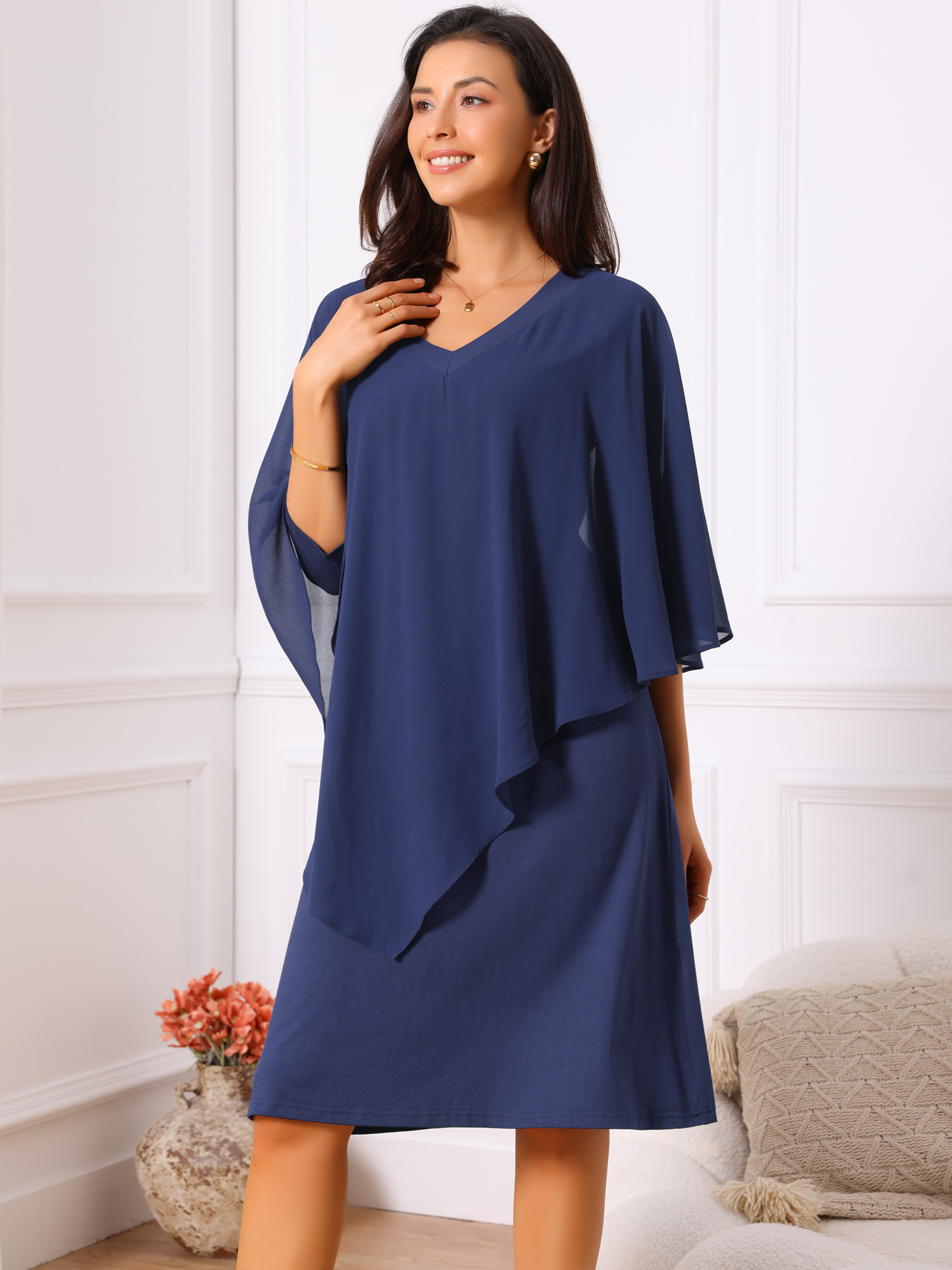 DARING DIVA 3/4 Sleeve V Neck Chiffon Cape Overlay Knee Length Dress S Dark Blue