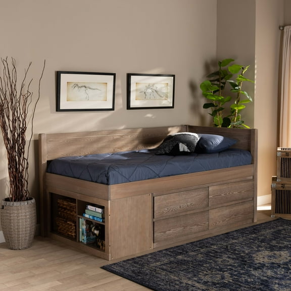 Baxton Studio Levon Modern and Contemporary Antique Oak Finished Wood 4-Drawer Twin Size Storage Bed