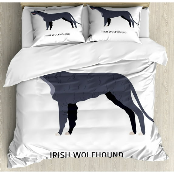 Irish Wolfhound Duvet Cover Set Queen Size, Cartoon Style Long Tailed Purebred Animal and its Appellation, Decorative 3 Piece Bedding Set with 2 Pillow Shams, White Dark Purple Grey, by Ambesonne