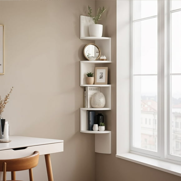 LEDREM Floating Corner Shelf - 5-Tier Wall Mount Bookshelf, Space-Saving Design, 13.2lb Capacity per Shelf, Cloud White