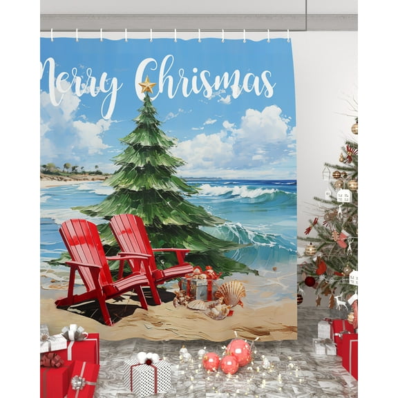 Coastal Christmas Bathroom Curtain 96 Inch Shower Curtain with Hooks, Xmas Tree Nautical Beach Shell Waterproof Polyester Bath Curtain Washable Bathtub Curtain 72''x 96''