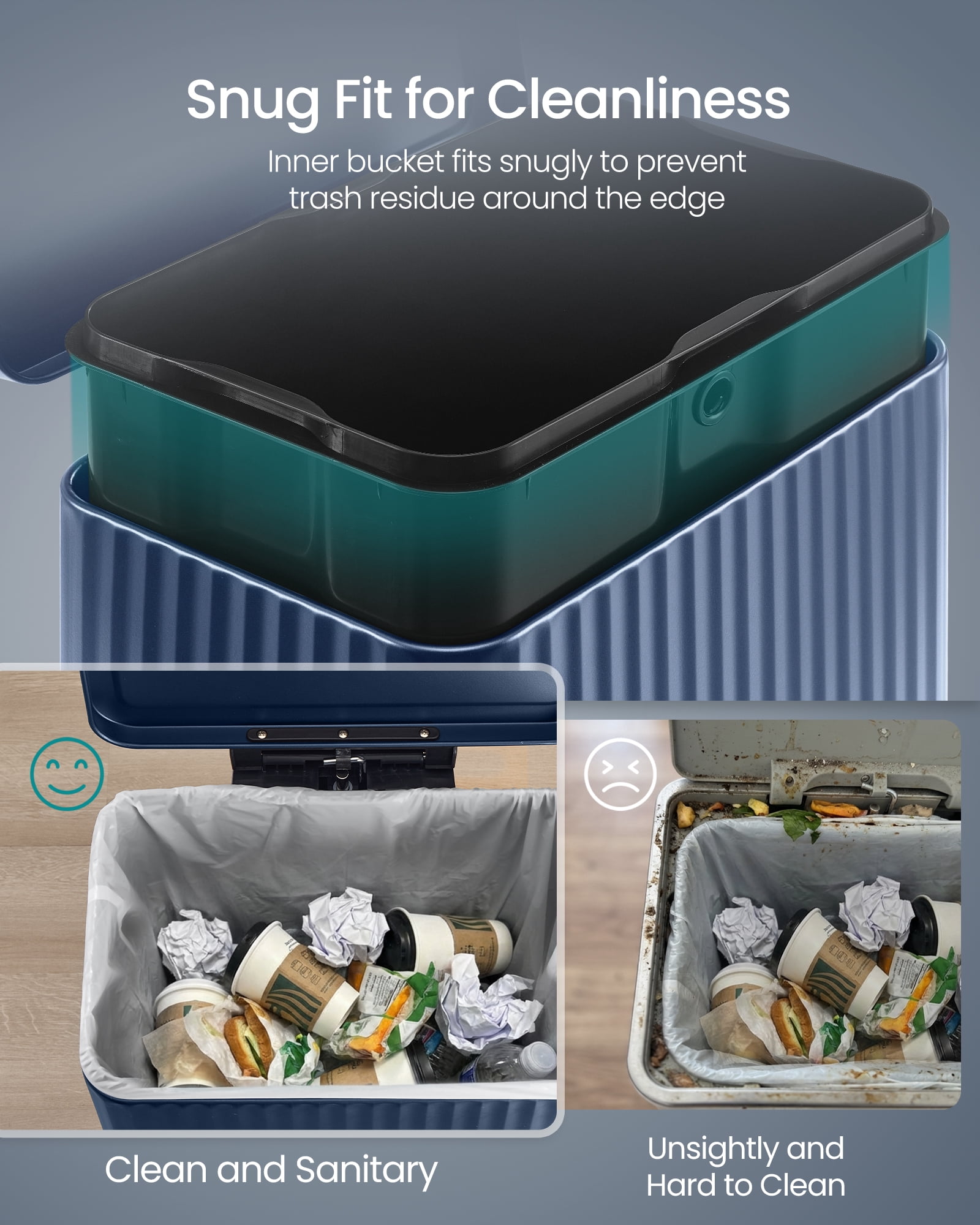 SONGMICS Trash Can, 13 Gallon (50 L) Garbage Can, with Lid, Pedal, and Removable Inner Bucket, Soft Close, Steel, 15 Trash Bags, Midnight Blue