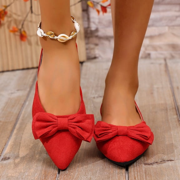 WAVSUF Women's Fashionable Ballet Flats, Versatile Wide Width Pointed Toe Retro Bow Daily Dressy Shoes Red 6.5