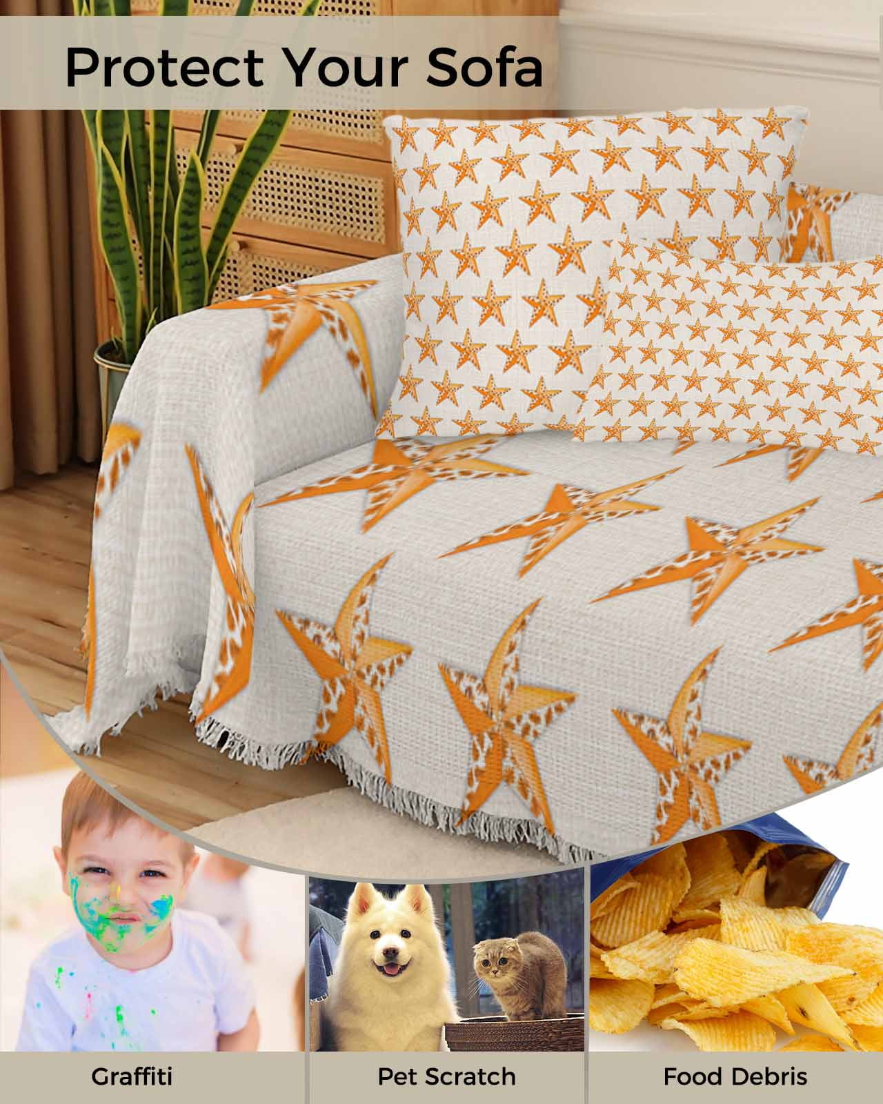 Fall Star Orange Leaves Sofa Couch Covers for Dog,Washable Sofa Throw Cover Single Slipcovers for Armchair with Tassels,Autumn Farmhouse Retro Beige Couch Protector Towel Blanket Medium 71''x91''