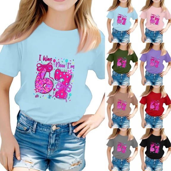 Kids Girls Preppy 100 days of School Graphic Print Summer Crew Neck Breathable Short Sleeve Shirts Pink 130