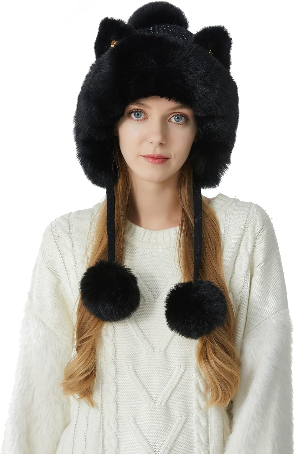 Women Winter Cover Ears Beanie Hat Ear Flaps Ski Snow Hats Knit Fleece Lined 3 Pom Pom