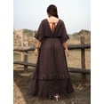 thumbnail image 2 of Coffee Brown Plus Size Casual Vacation Tie Front Ruffle Maxi Dress With V-Neck And Flared Sleeves, Spring Summer, 2 of 7