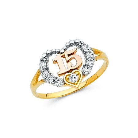 Comfort Fit Tri Color Ring Sweet 15 Heart Ring Solid 14k Yellow White Rose Gold Quince Band CZ Beaded Design Tri Color ()