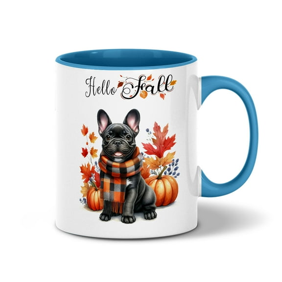 Hello Fall French Bulldog Scarf Welcome Autumn with Leaves Pumpkins 11oz Accent Two-tone Mug Dog Lover Gifts Coffee Tea Cup - 00011