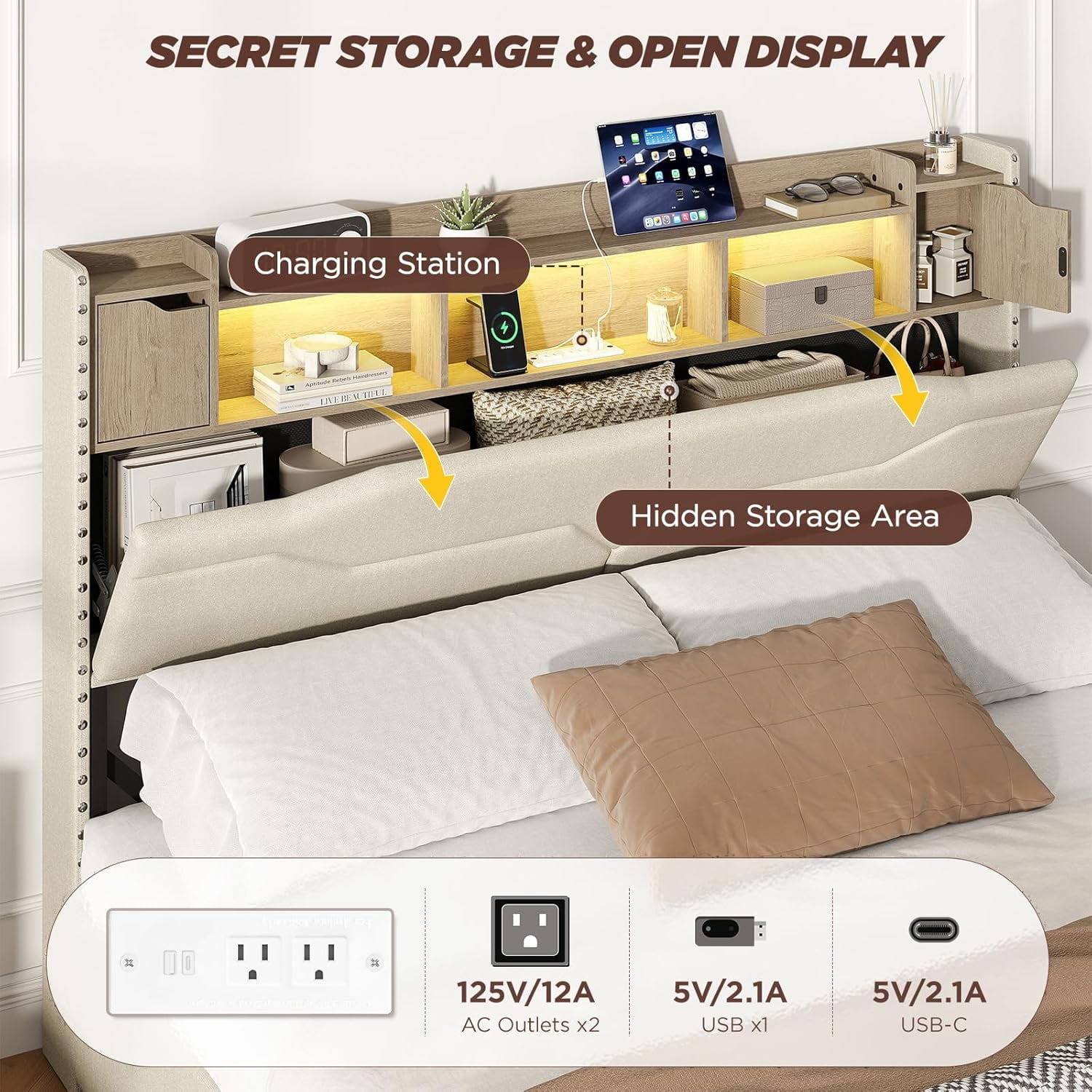 Vabches Queen Bed Frame with LED Lights & Charging Station, Upholstered Headboard Bed with 4 Large Storage Drawers & Metal Support Base, No Box Spring Needed
