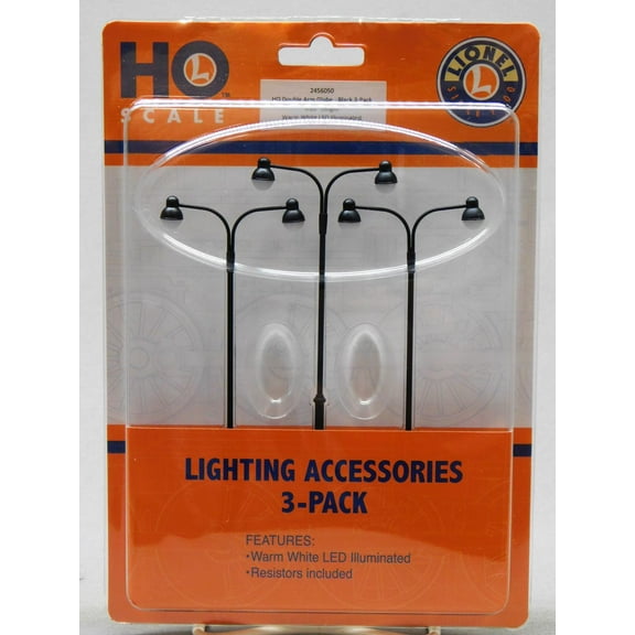 LIONEL HO SCALE ILLUMINATED DOUBLE ARM GLOBE BLACK 3pk train scenery 2456050