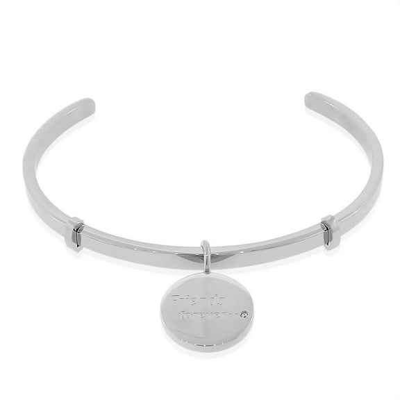 EDFORCE Stainless Steel Silver-Tone CZ Friends Forever Open End Bangle Bracelet