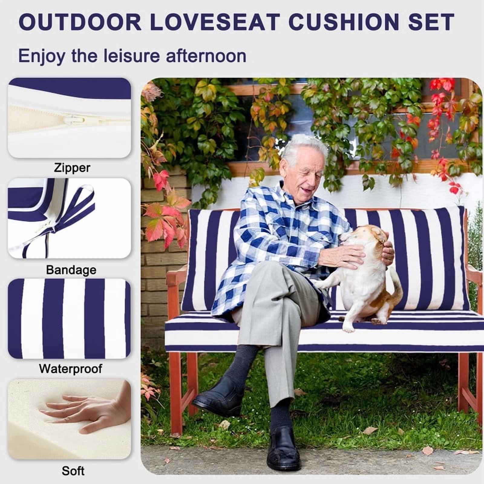 Outdoor Loveseat Cushion Set, 48" x 24" Waterproof Patio Furniture Cushions with Removable Cover, Ties and Hidden Zipper, Patio Love Seat Sofa Cushions（Blue white stripes）