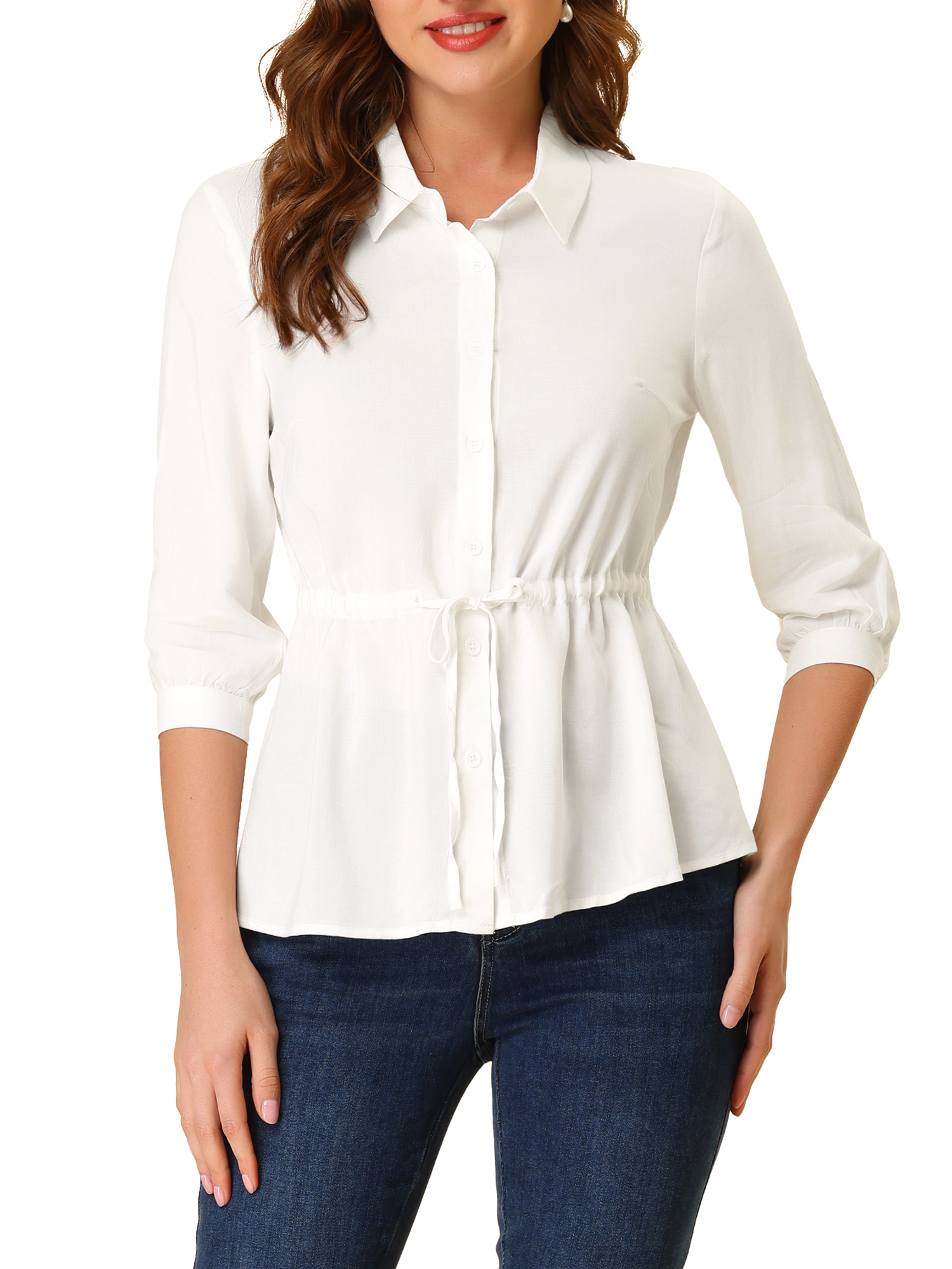 Allegra K Women's Office Work Top Turn Down Collar Tie Waist 3/4 Sleeve Blouse