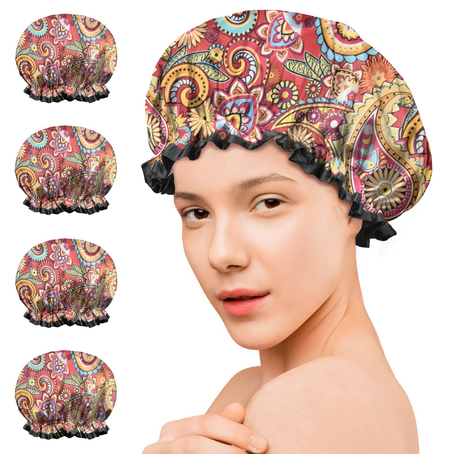 Shower Caps,Red Pioneer Flower and Paisley Pattern Waterproof Shower Cap for Women 4 Pieces,Double Reusable Hair Cover for Shower PEVA Elastic Stretch Hem