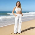 thumbnail image 2 of Womens Casual Wide Leg Pants Summer Beach Drawstring Palazzo Trousers Elastic Wasited Slacks with Pockets White M, 2 of 7