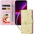 thumbnail image 5 of Wallet Case for iPhone 12/iPhone 12 Pro 6.1 inch, PU Leather Phone Case Kickstand RFID Blocking Flip Case with Card Slots Wrist Strap Engraved Pattern Magnetic Folio Case - Yellow Daisy, 5 of 14