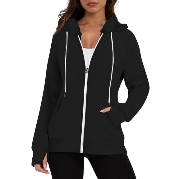 Zipper Up Hoodies for Women with Pockets Thumb-Hole Fleece Lined Sweatshirts Ladies Casual Long Sleeve Solid Slim Comfort Outerwear Coats
