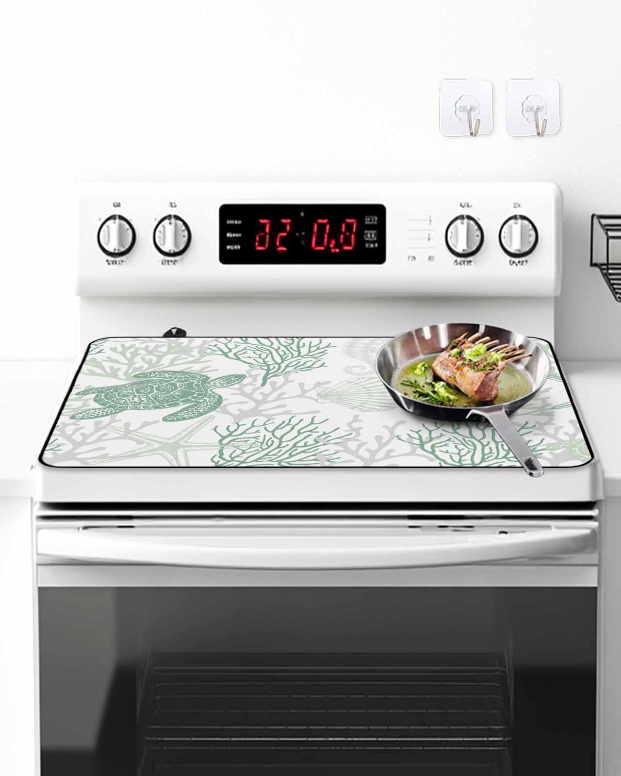 Stove Top Covers for Electric Stove, Green Coastal Glass Stovetop Cover Protector, Sea Turtle Nautical Coral Summer Beach Induction Cooktop Protector Oven Mat for Kitchen Countertop 24"x21"